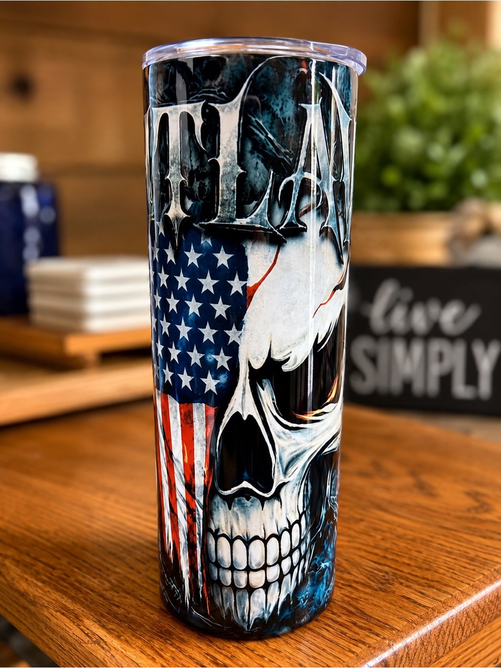 Outlaw Skull Tumbler | Patriotic Biker Style 20oz Skinny Tumbler